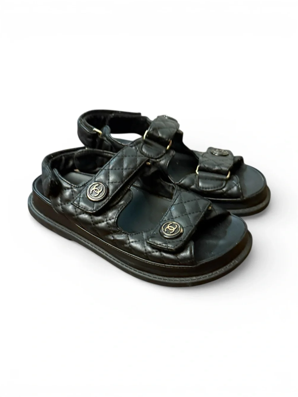 Authentic CHANEL Black Quilted Leather Open-Toe Sandals with Gold CC